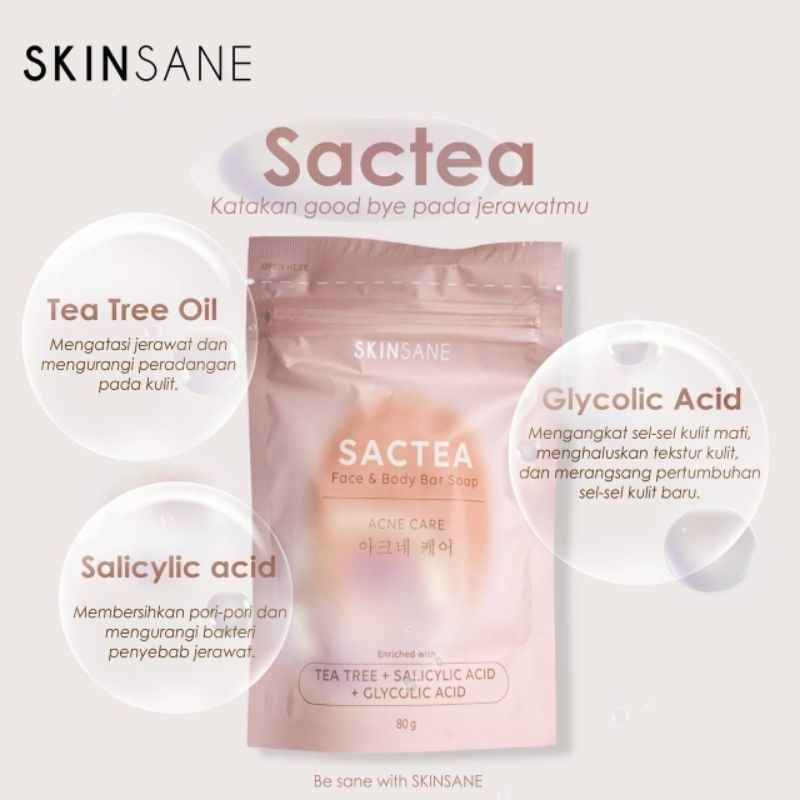 Sabun wajah dan badan Sactea Skinsane dengan Tea Tree Oil, Salicylic Acid, dan Glycolic Acid untuk merawat kulit berjerawat