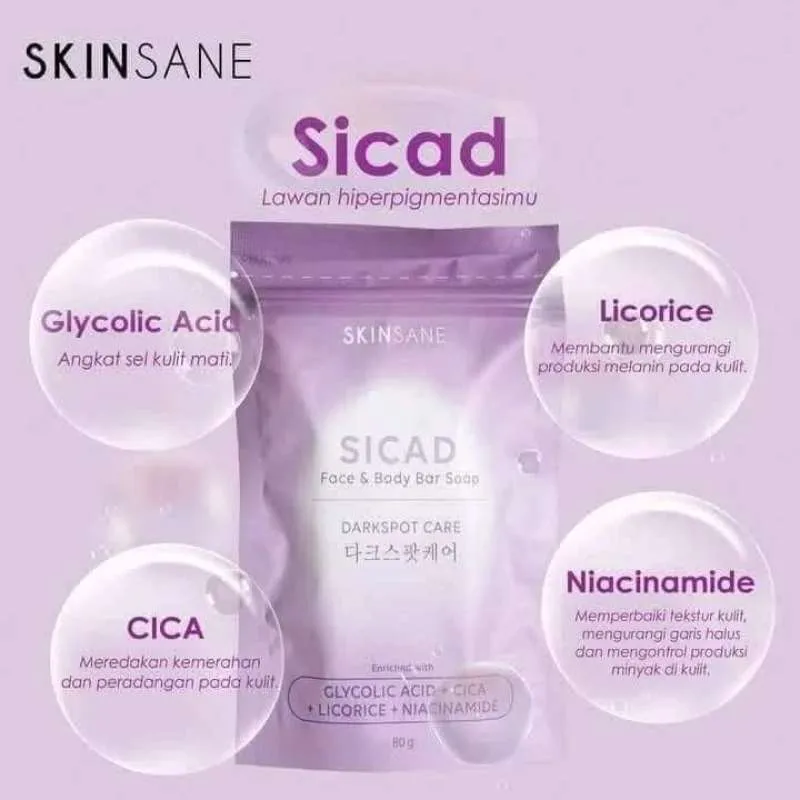 Sabun wajah dan badan Sicad Skinsane dengan Glycolic Acid, Licorice, Niacinamide, dan Cica untuk membantu mengatasi hiperpigmentasi